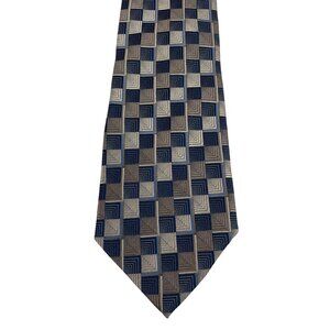 Platinum Designs 100% Silk Mens Tie Necktie Tan Brown Blue Squares